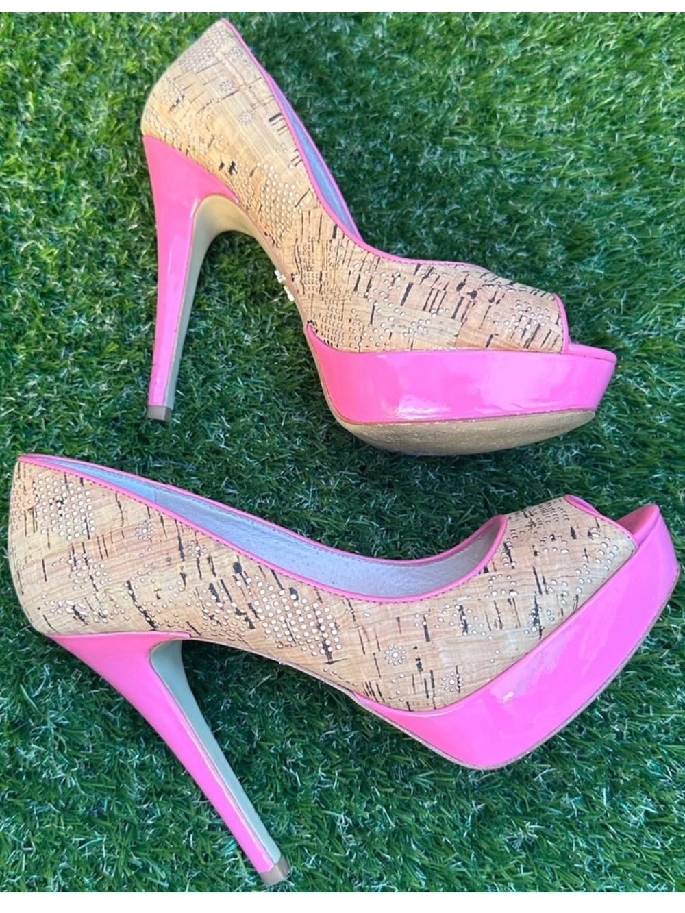 Pour La Victoire Pink Trim Cork Peep-Toe Platform Pumps - Picture 2 of 8